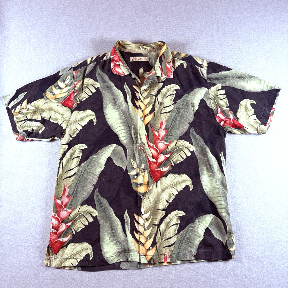 Tommy Bahama Men's Large 100% Silk Bird of Paradise Camp Shirt Black